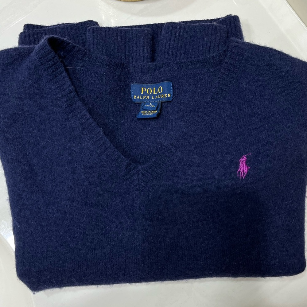 Polo by Ralph Lauren boys V-Neck Sweater in Navy and Pink